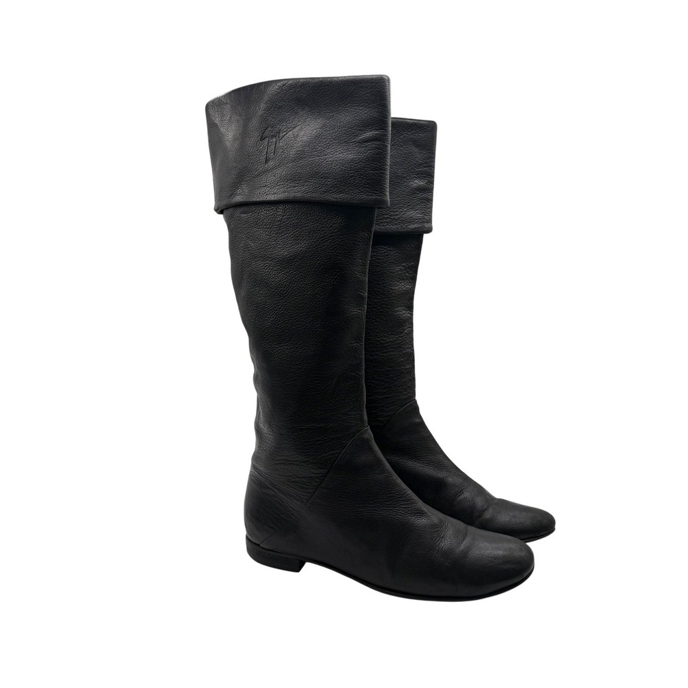 Giuseppe Zanotti Black Pebbled Leather Fold Over Cuff Tall Flat Boots Womens 39